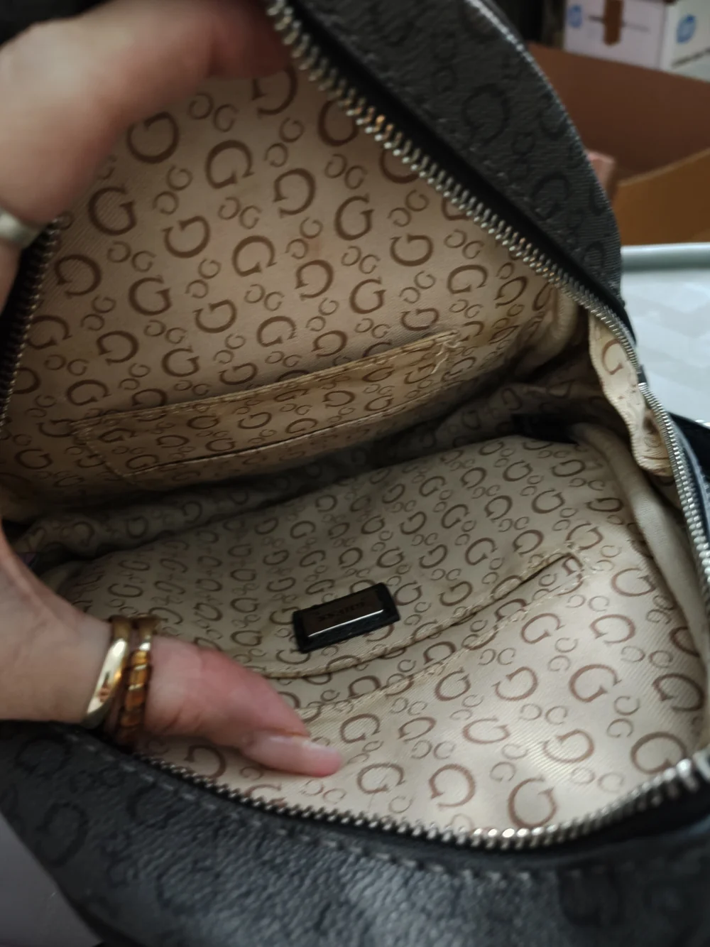 Guess Logo Signature Monogram Backpack – Black & Cream